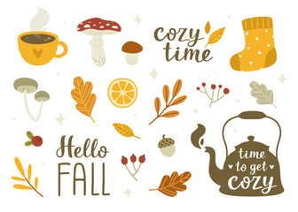 Cozy autumn set. Cute fall season sticker collection. Vector autumnal decor bundle.