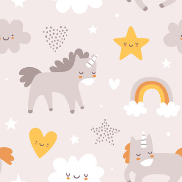 Cute scandinavian baby pattern with sleeping unicorns. Seamless vector print for girls fabric.