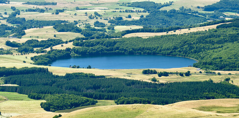 Lac Chauvet seen from Puy de Sancy. Lac Chauvet is formed from a volcanic crater.