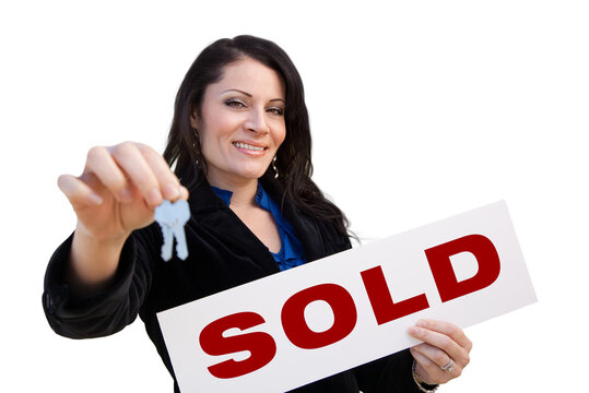 Transparent PNG of Hispanic Woman Holding Sold Sign and Keys.
