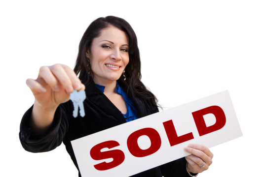 Transparent PNG of Hispanic Woman Holding Sold Sign and Keys.