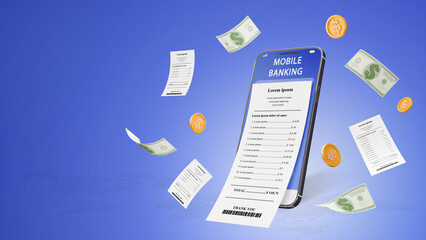 3D rendering of mobile phone online payment. pay the bill of invoices. online transaction Mobile application for digital money transfers