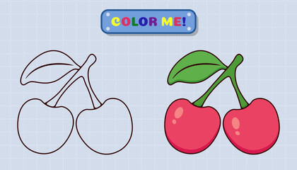 Cherry coloring book page comes with sketches and color samples for children and preschool education. Cartoon Style Illustration