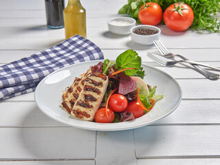 Green salad plate with cheese for menu and vegetables background style.