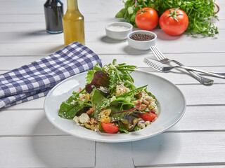 Green salad plate for menu and vegetables background style.