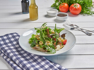 Green salad plate for menu and vegetables background style.