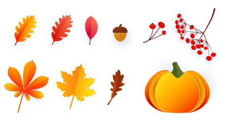 Hello, Autumn. Set of autumn elements in paper cut style. Leaves, berries, acorns, pumpkin. Template for the design of banners, posters, advertising, postcards, sales. Vector