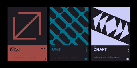 Meta modern aesthetics of swiss design poster collection layout. Brutalist-inspired vector graphics template set featuring bold typography and abstract geometric shapes.