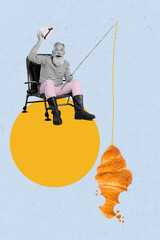 Poster collage of funny pensioner hunting delicious tasty cookie for meal use fishing rod isolated...