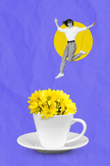 Vertical collage picture of excited small girl black white gamma jump fall flowers cup isolated on...