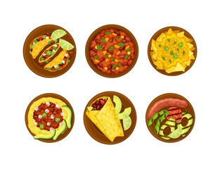 Mexican traditional food set. Top view of plates with tasty dishes cartoon vector illustration