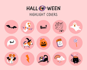 Obraz premium Halloween highlights covers for social media. Set of cute elements in doodle style. Hand drawn icons with dogs in carnival costumes. Stickers, weekly planner. Vector illustration. 