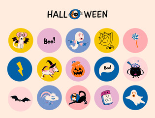 Obraz premium Halloween stickers set with cute elements in doodle style. Hand drawn icons with dogs in carnival costumes. Highlights covers, weekly planner. Vector illustration. 