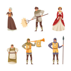 Medieval people set. Peasant woman, guard, troubadour, laundress cartoon vector illustration