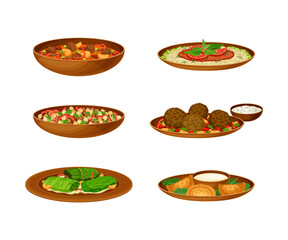 Arabic cuisine traditional food dishes set cartoon vector illustration