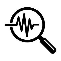 Heartbeat in magnifying glass icon. Cardiology symbol, magnifying glass on electrocardiogram. Medical pressure sign. Vector icon.