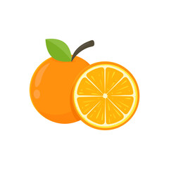 Orange fruit vector set Orange cut in half with green leaves for a healthy juice.