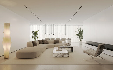 Contemporary modern white living room with contemporary modular sectional beige sofa and lounge chair by the fireplace
