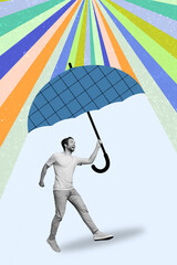 Painted collage of excited guy travel air under huge parasol protect rainbow rays isolated vivid...