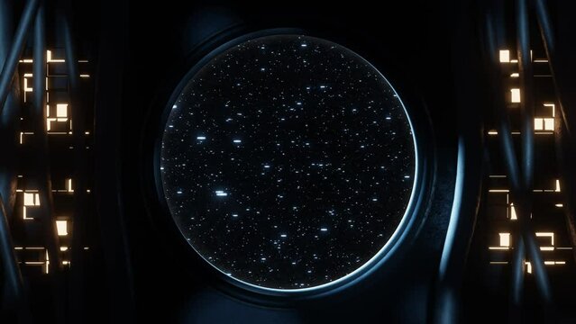 View of a round window with stars background moving horizontally seen from inside a spaceship or scifi environment location with cables, light panels and moving illuminations. Looping video. 3D render