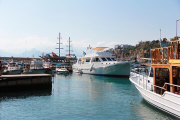 white boats for navigation in the seaport of the Mediterranean sea