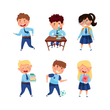 Back to school. Happy boys and girls in uniform learning at school cartoon vector illustration