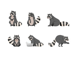 Cute raccoons set. Funny gray coon with striped tail in everyday activities cartoon vector illustration © Happypictures