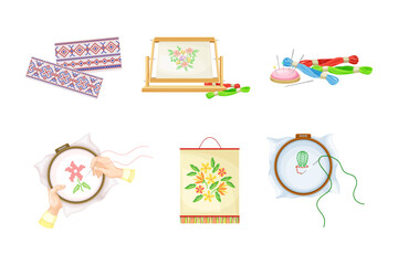 Set of embroidery and sewing. Handmade crafts and sewing tools. Hobby objects cartoon vector illustration