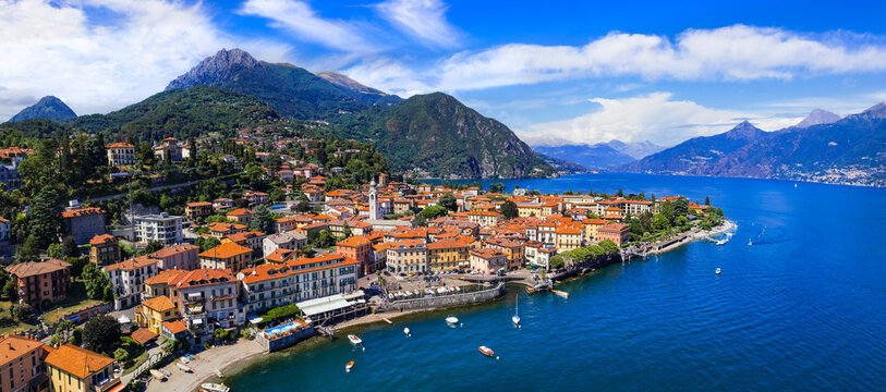 Stynning idyllic lake scenery, amazing Lago di Como. Aerial view of beautiful Menaggio town. Italy, Lombardia