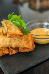 Tequenos filled fried dough fast food Peruvian snack restaurant mise en place