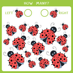 Simple educational game for kids. Count how many ladybugs goes to the left and to the right and write the result. Vector worksheet