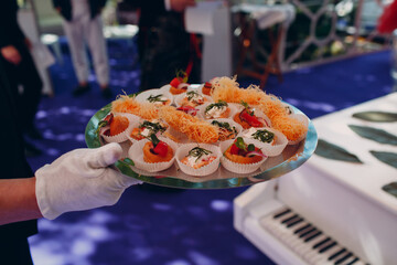 Food catering appetizers snacks on a tray in the waiter hand.