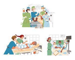 Team doctors in the operating room with patients. Intensive therapy clinic vector illustration