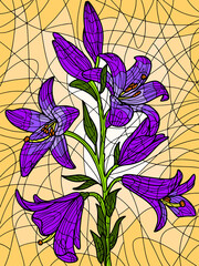 Flowers lilium. Purple lily flower on an orange background. Zen-tangle style.