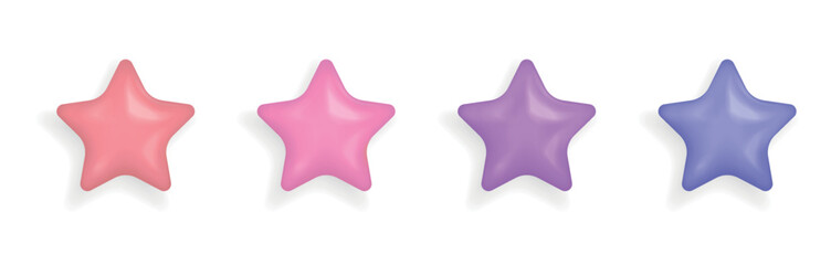 Colorful 3d glossy stars. Red, pink, purple, blue. Achievements, customer rating feedback. Vector realistic illustration