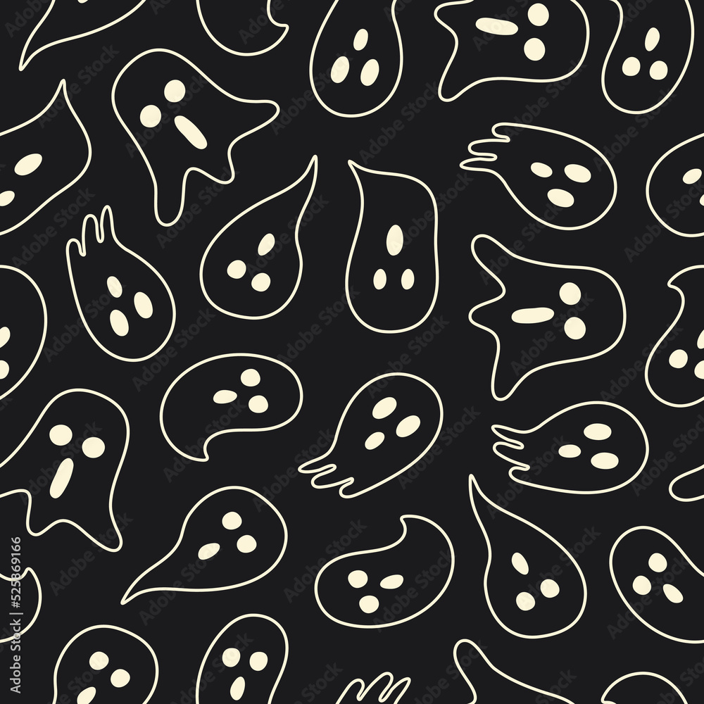 Poster halloween seamless pattern with cute linear ghost on a black background. vector illustration