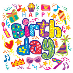 Happy Birthday Colorful Text. Hand lettering decorative. Greeting card concept.