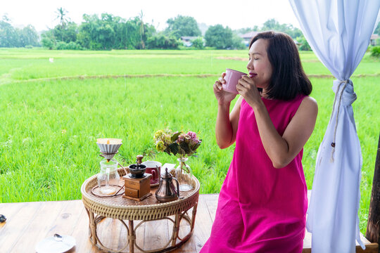 dripping coffee or Filter coffee at Thailand National Park in North of Thialand in the day time with mountain view and natural green view feeling Chill and Relax