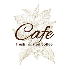 Hand drawn cafe logo with coffee tree branch