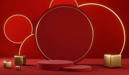 3D rendering of blank product background for cream cosmetics Modern red podium background