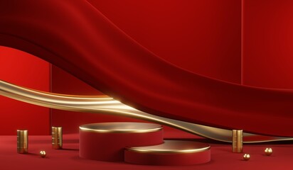 3D rendering of blank product background for cream cosmetics Modern red podium background