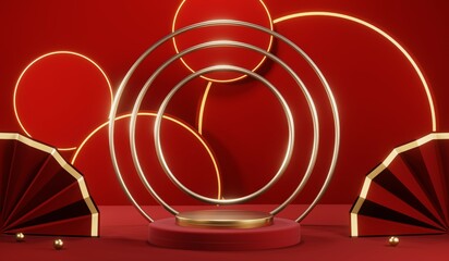 3D rendering of blank product background for cream cosmetics Modern red podium background