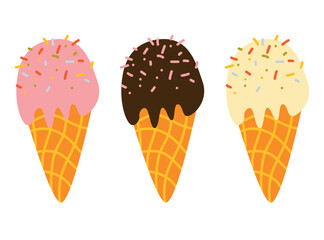 Vector illustration of ice cream in a waffle cone. Icecream in pink and blue colors isolated on white background