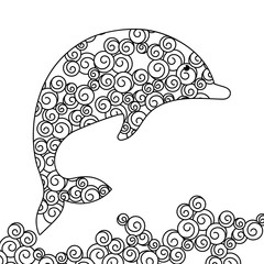 Dolphin. Coloring page for adult . Hand drawn Vector illustration.