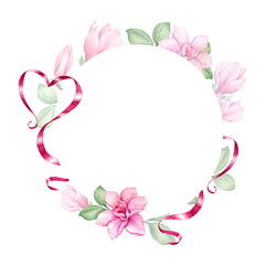 Beautiful round frame with blooming magnolia - 525873382