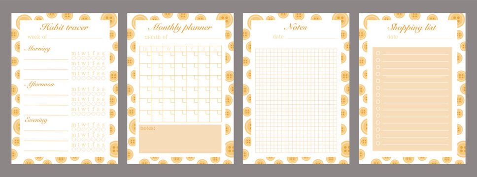 A set of planners. Template for a list of products, a habit tracker, a monthly planner and a sheet for notes. Cute and simple to-do list for printing. Color yellow. Vector graphic.