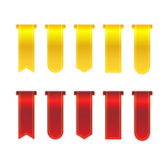 Red and gold ribbons. Sale banners. Special offer sticky. Seasonal clearance labels for website and advertising. Vector illustration isolated on white background.