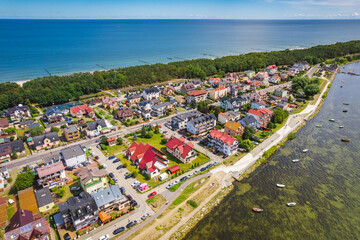 Summer view from the air of the Hel Peninsula, a calm and nice landscape over Chalupy village. - obrazy, fototapety, plakaty