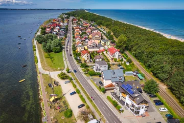 Foto op Plexiglas Summer view from the air of the Hel Peninsula, a calm and nice landscape over Kuznica village. © PawelUchorczak