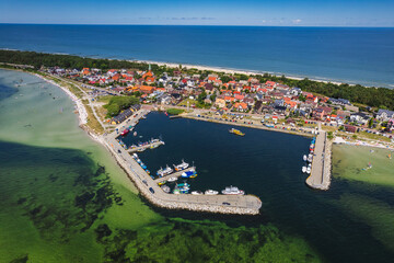 Summer view from the air of the Hel Peninsula, a calm and nice landscape over Kuznica village.